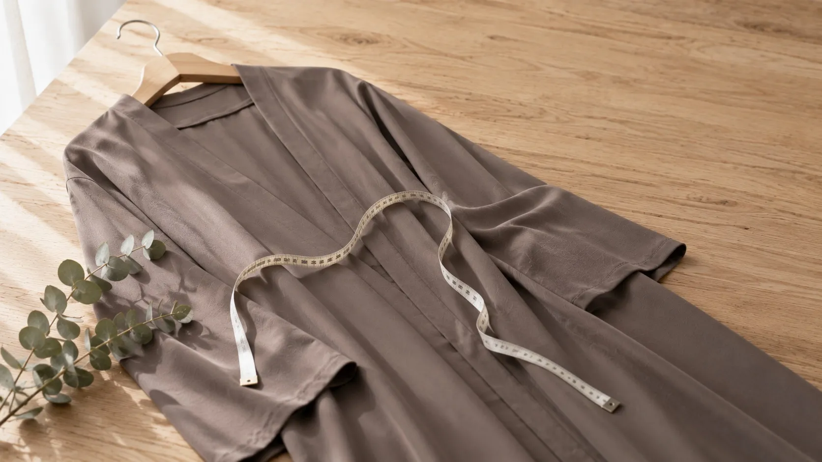 Eine schlichte Abaya auf einem Holzbügel mit darübergelegtem Maßband zur Bestimmung der richtigen Größe und Länge