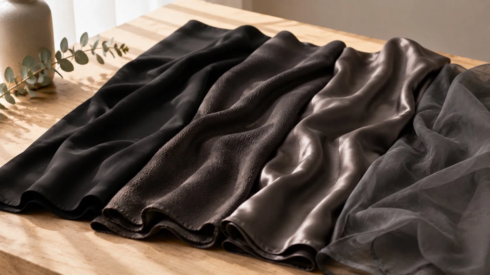 Vier Abaya-Stoffe nebeneinander — mattes Nida, strukturierter Crepe, glänzender Satin und transparenter Chiffon — im Vergleich
