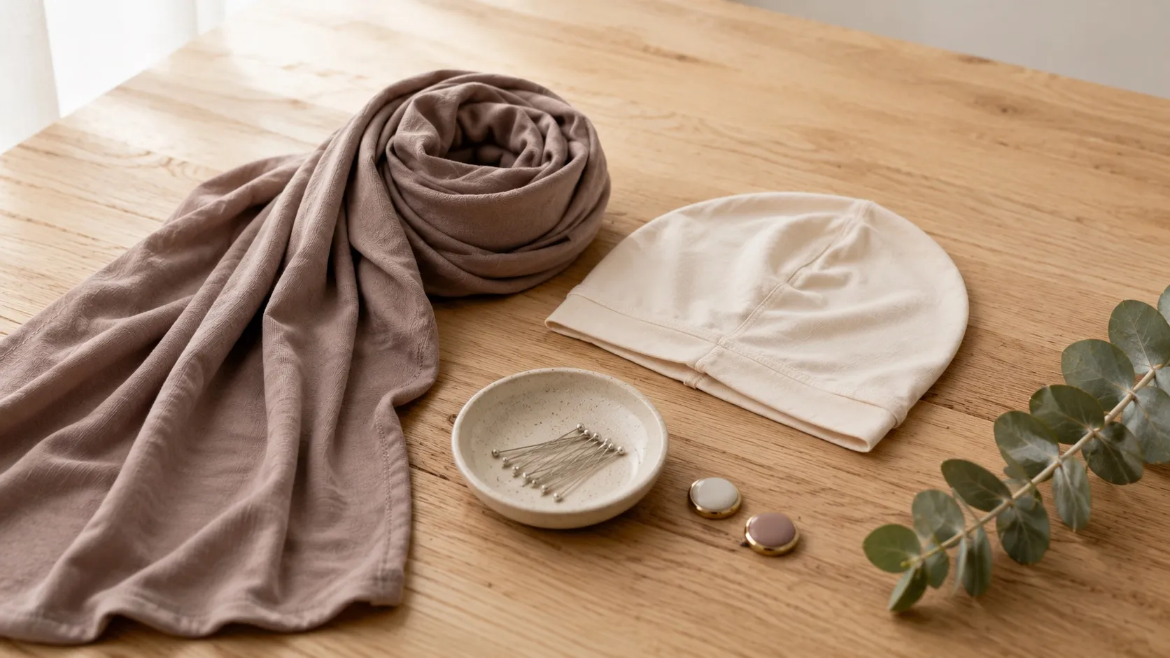 Gerollter Jersey-Hijab, Baumwoll-Untertuch und Nadeln auf Holzfläche — die Basis, aus der alle Hijab-Styles entstehen
