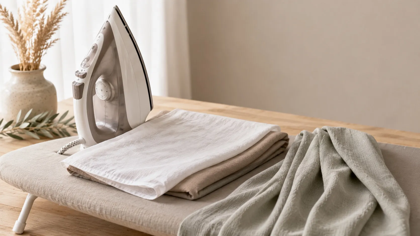 Dampfbügeleisen auf einem Bügelbrett mit einem Baumwoll-Bügeltuch über einem gefalteten Hijab, daneben ein leicht zerknitterter Schal