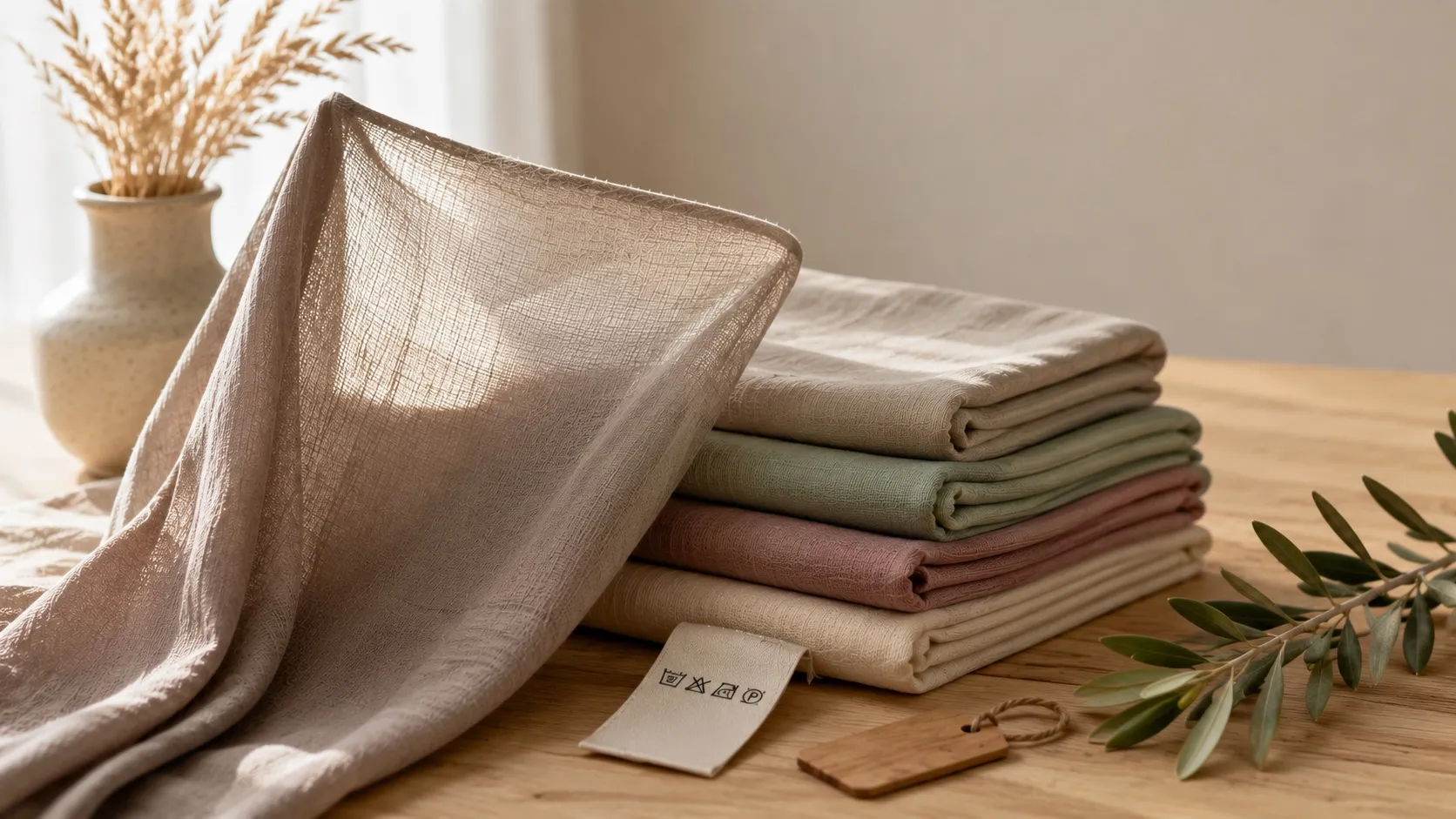 Gefaltete Hijab-Tücher mit Faseretikett, eines gegen das Licht gehalten, um Webart und Blickdichte zu prüfen