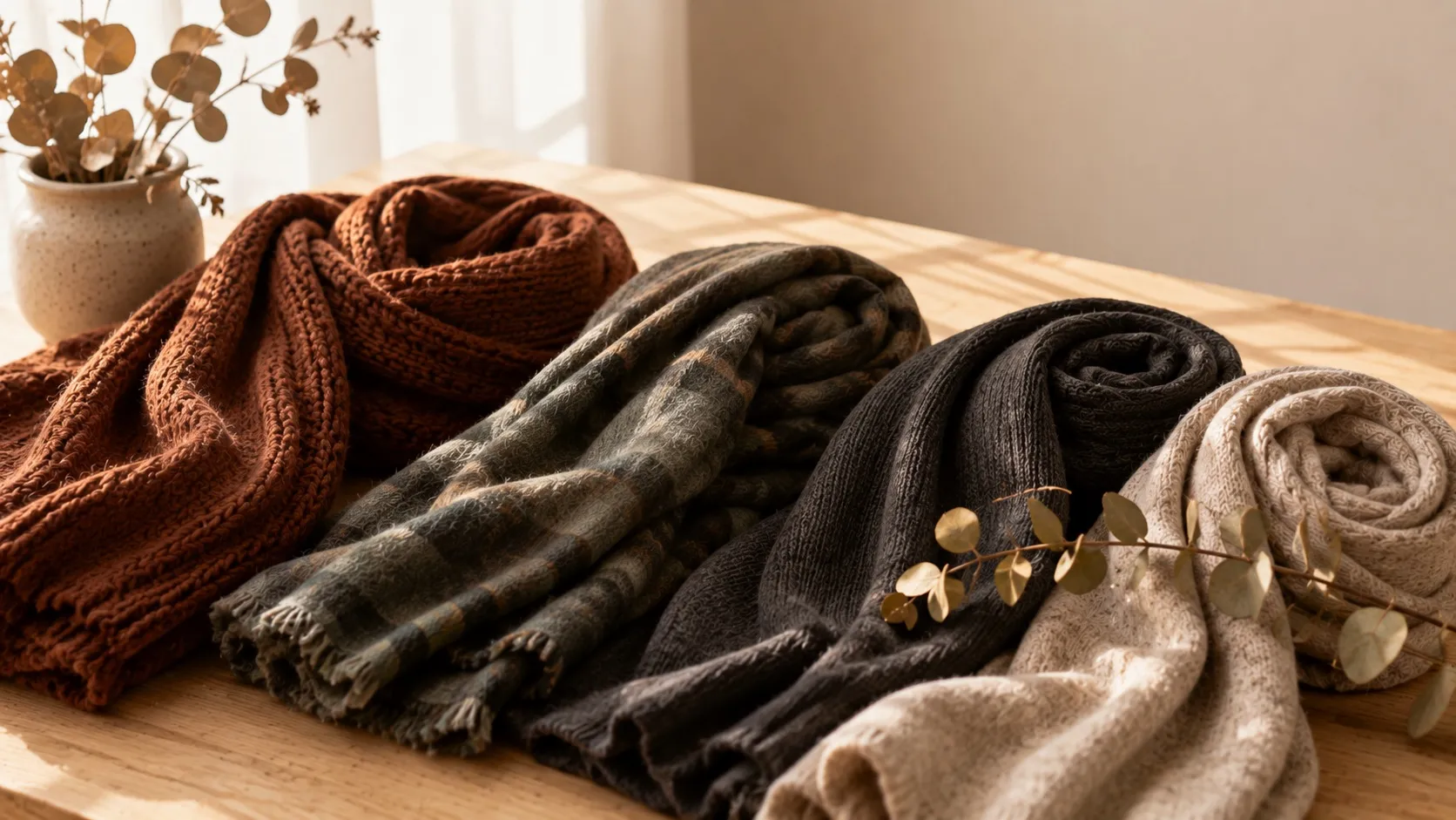 Wärmende Hijab-Stoffe für den Winter — dichter Strick, Flanell und Wollmischungen in gedeckten Tönen, dicht gelegt