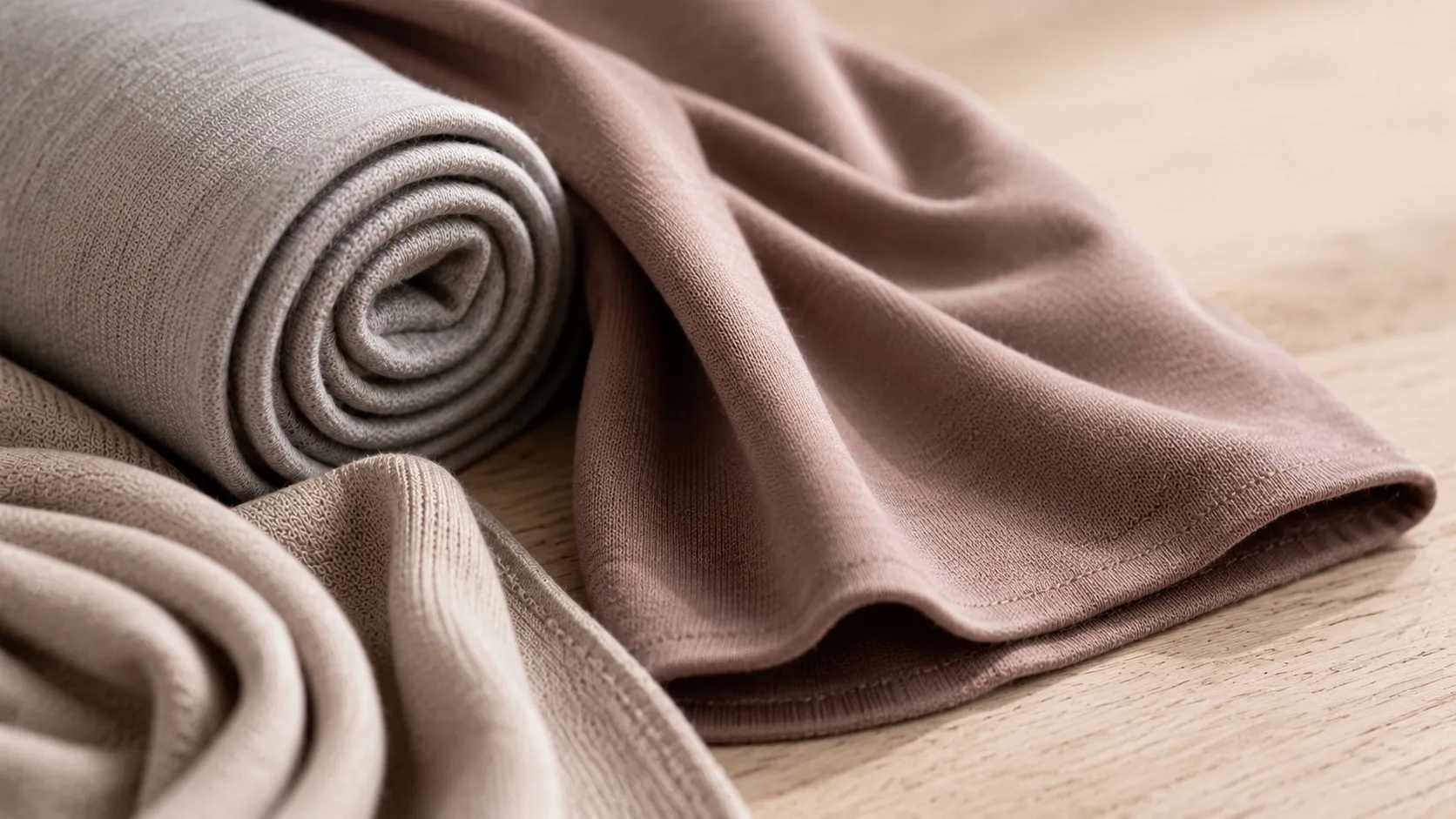 Nahaufnahme von Jersey-Hijab-Stoff — gerollt und drapiert — mit sichtbarer weicher, leicht elastischer Maschenstruktur