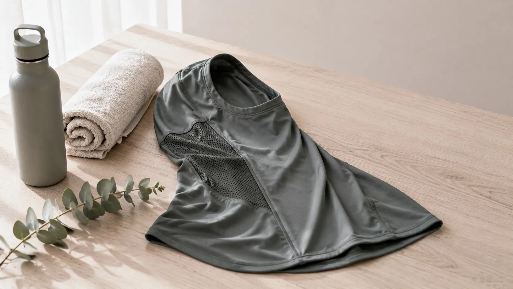 Grauer Sport-Hijab aus Funktionsstoff mit seitlichem Mesh-Einsatz, daneben eine Trinkflasche und ein gerolltes Handtuch