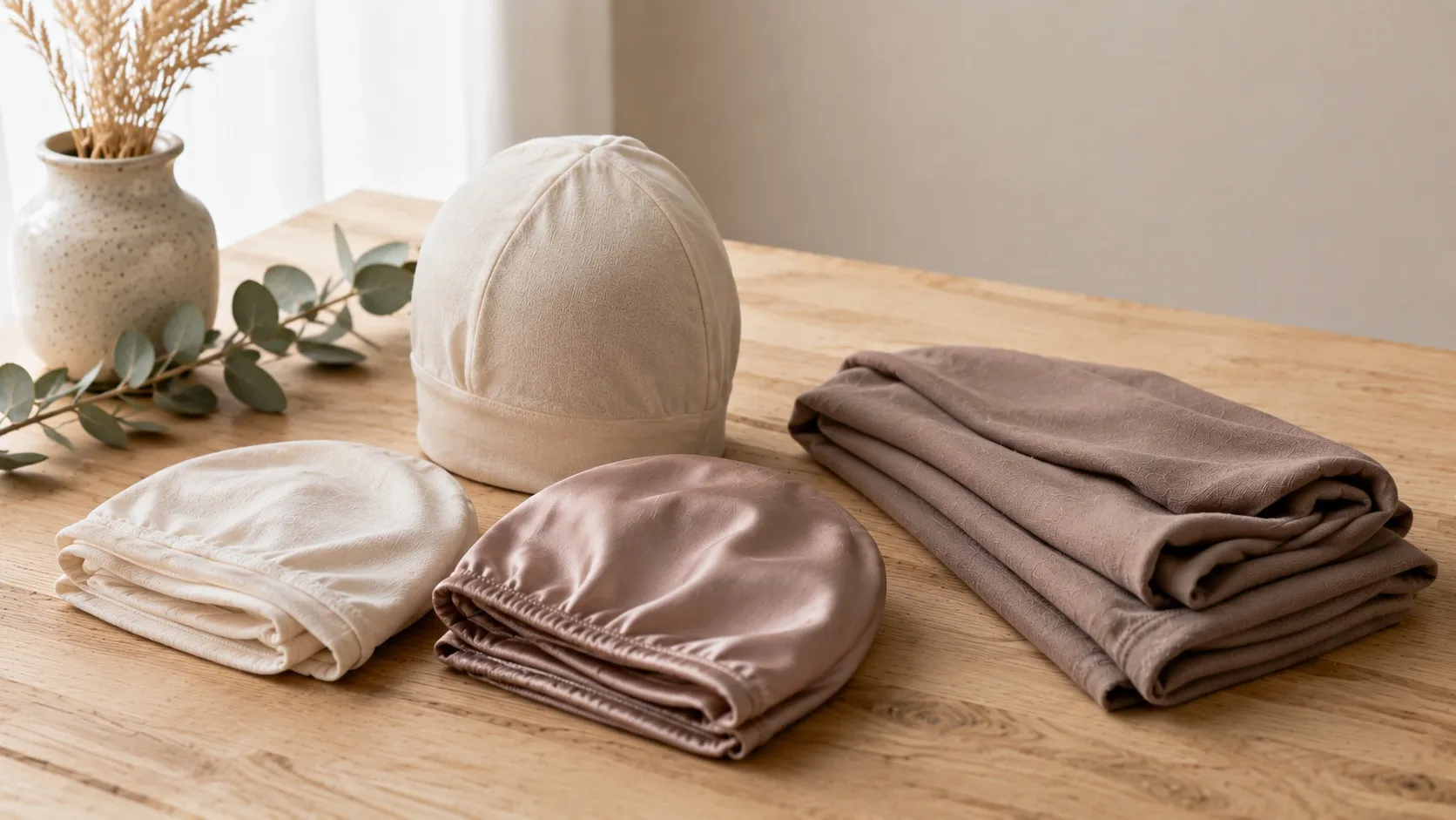 Ein cremefarbenes Baumwoll-Untertuch neben einem gerollten Jersey-Hijab, mit Hijab-Nadeln und Magnet-Pins