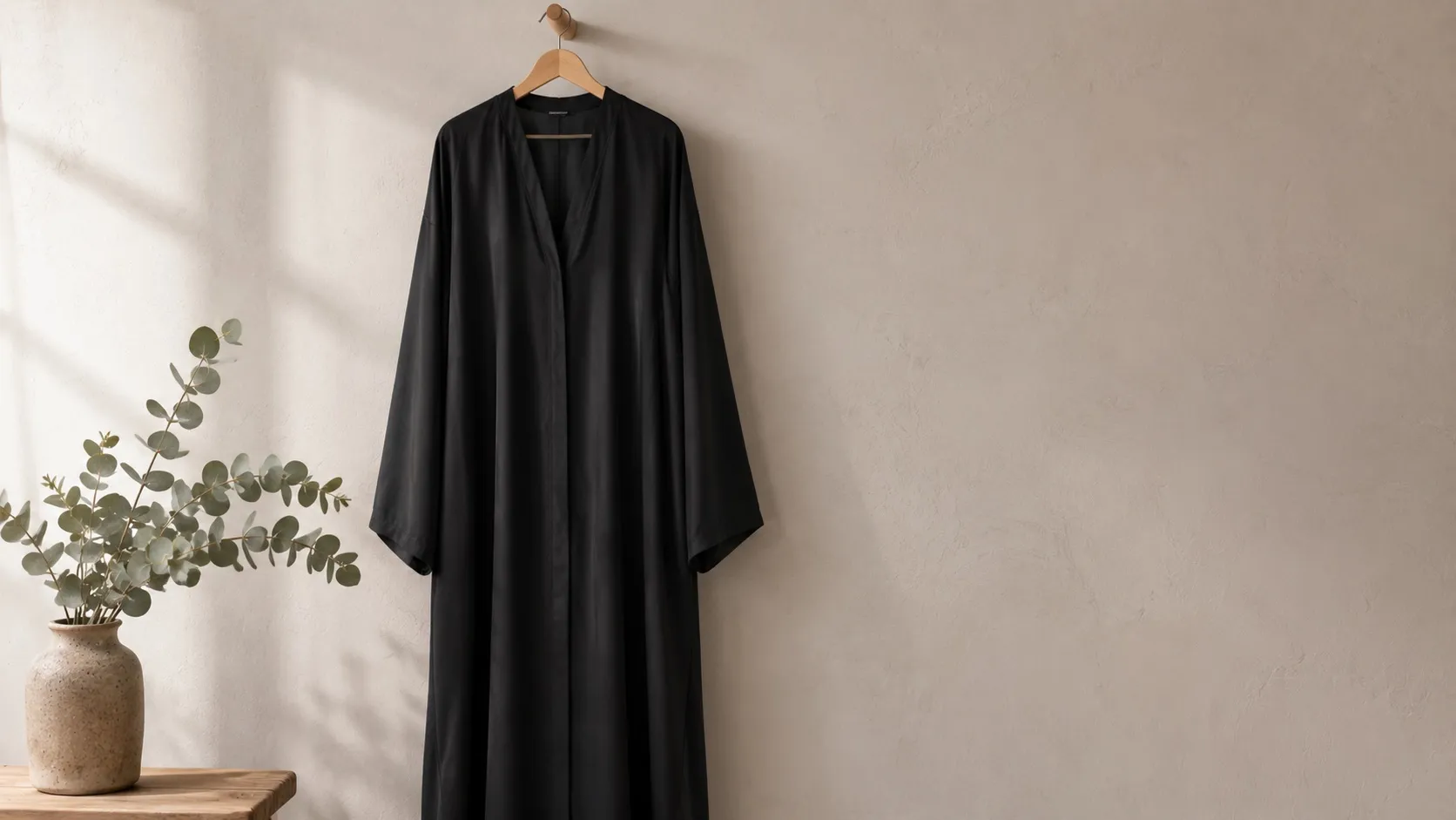 Eine schlichte, lange schwarze Abaya auf einem Holzbügel an einer hellen Wand, die den weiten, fließenden Schnitt zeigt